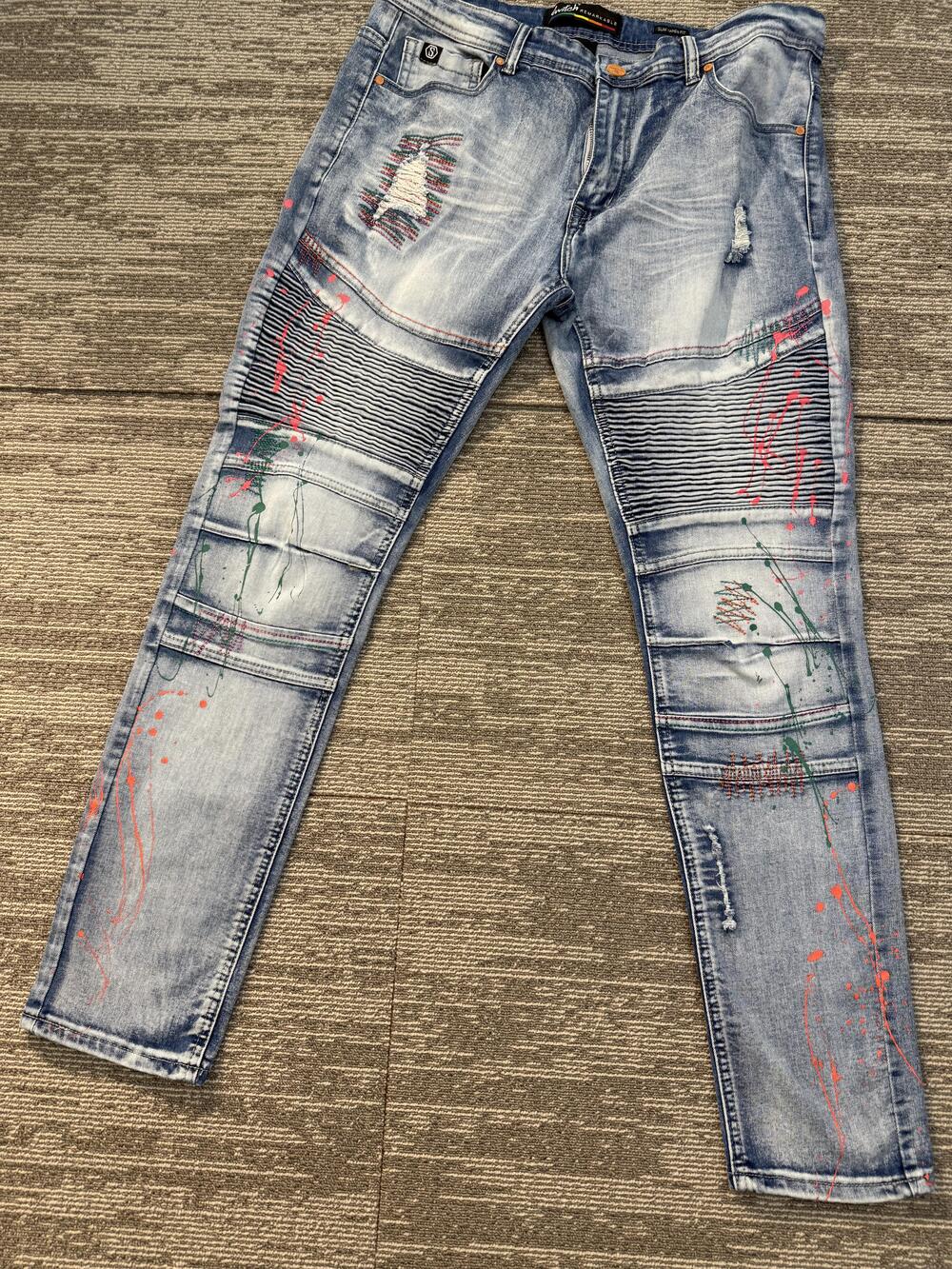 Switch Remarkable Jeans Mens 36x32 Blue Slim Taper Fit Painted Moto Distressed